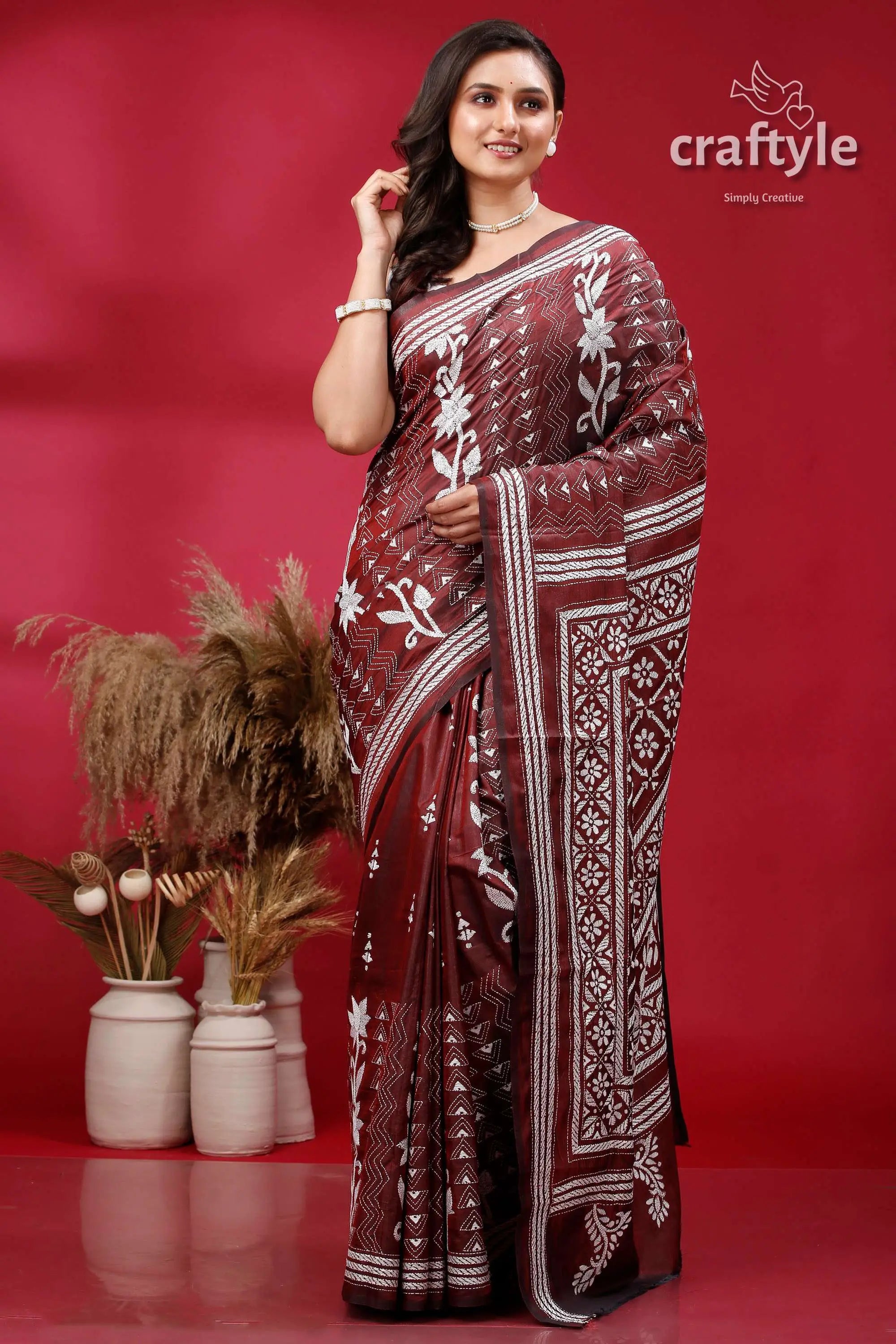 Persian plum and white hand embroidered silk kantha saree maroon saree white floral geometric 1