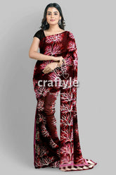 Persian plum hand batik pure mulberry silk saree - sari burgundy white patterned saree 3