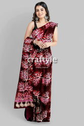 Persian plum hand batik pure mulberry silk saree - sari maroon saree white floral pattern 2