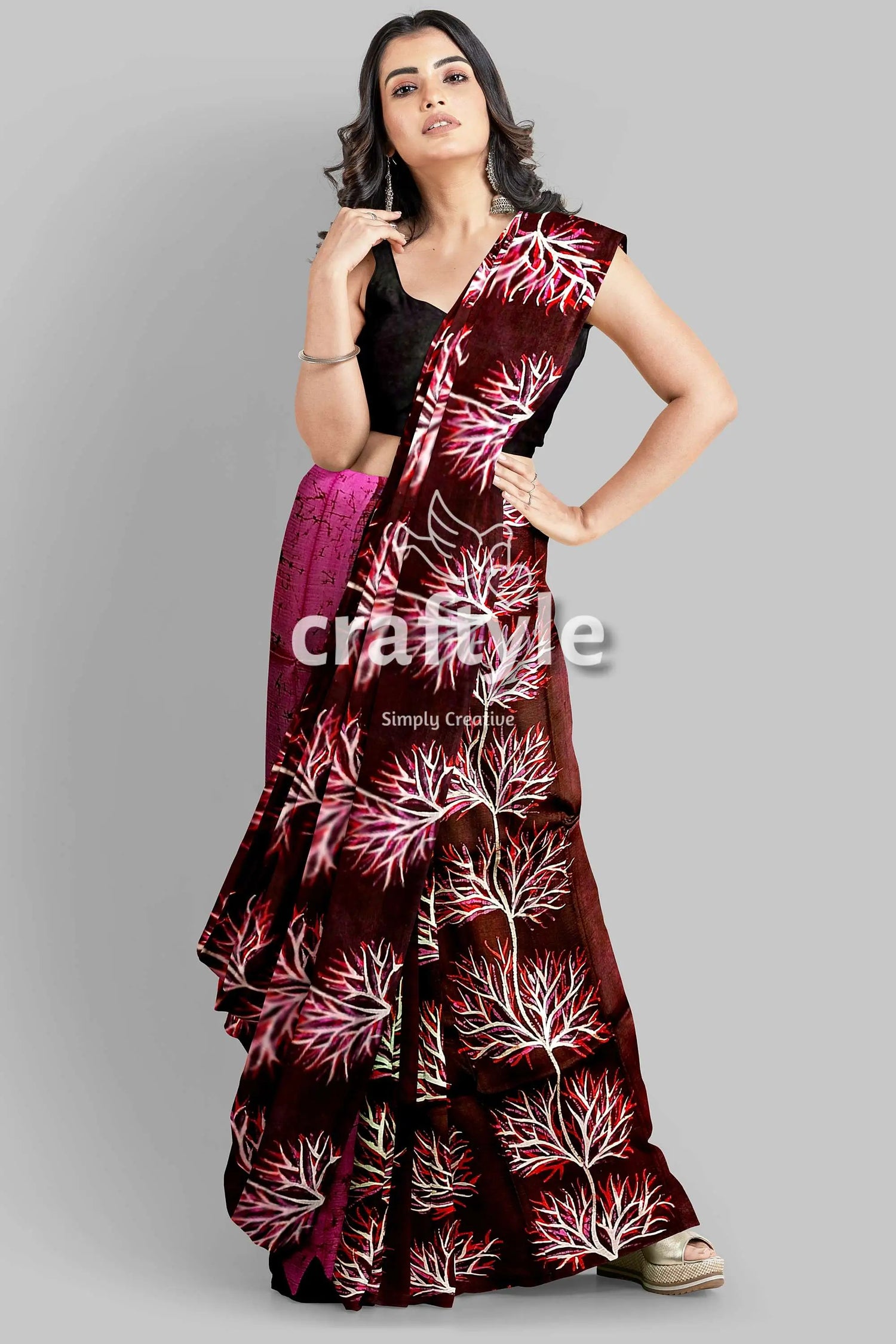 Persian plum hand batik pure mulberry silk saree - sari woman maroon pink floral saree 1