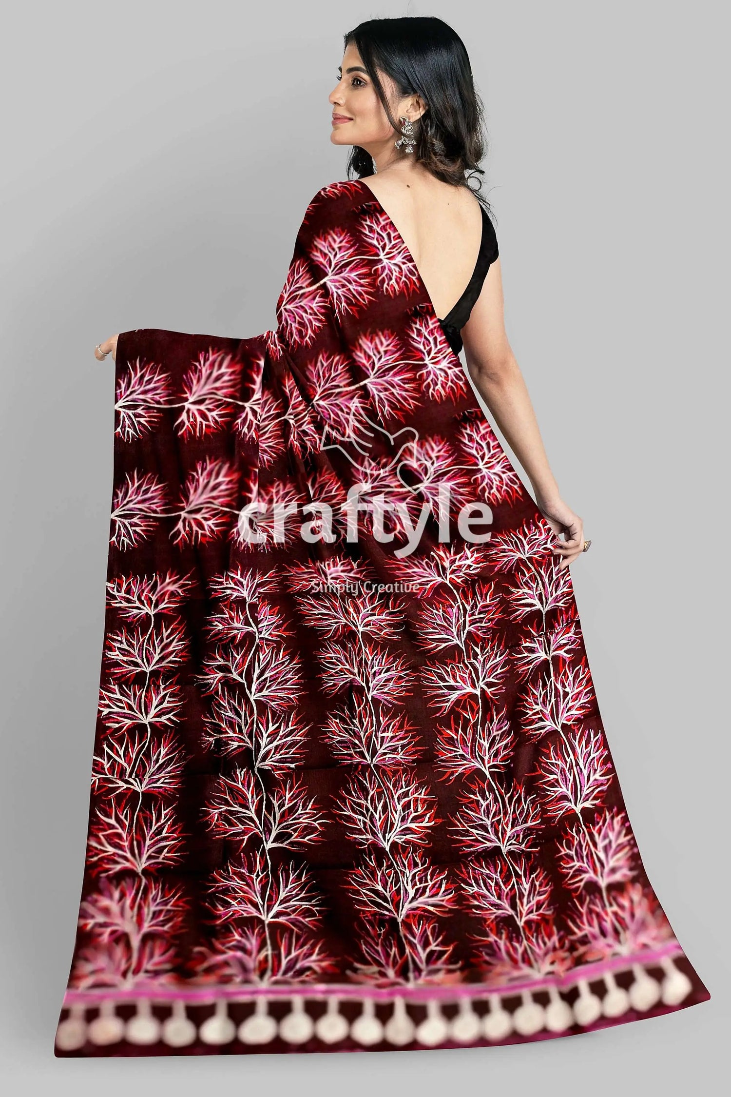 Persian plum hand batik pure mulberry silk saree - sari maroon saree white tree pattern 4