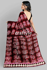 Persian plum hand batik pure mulberry silk saree - sari maroon saree white tree pattern 4