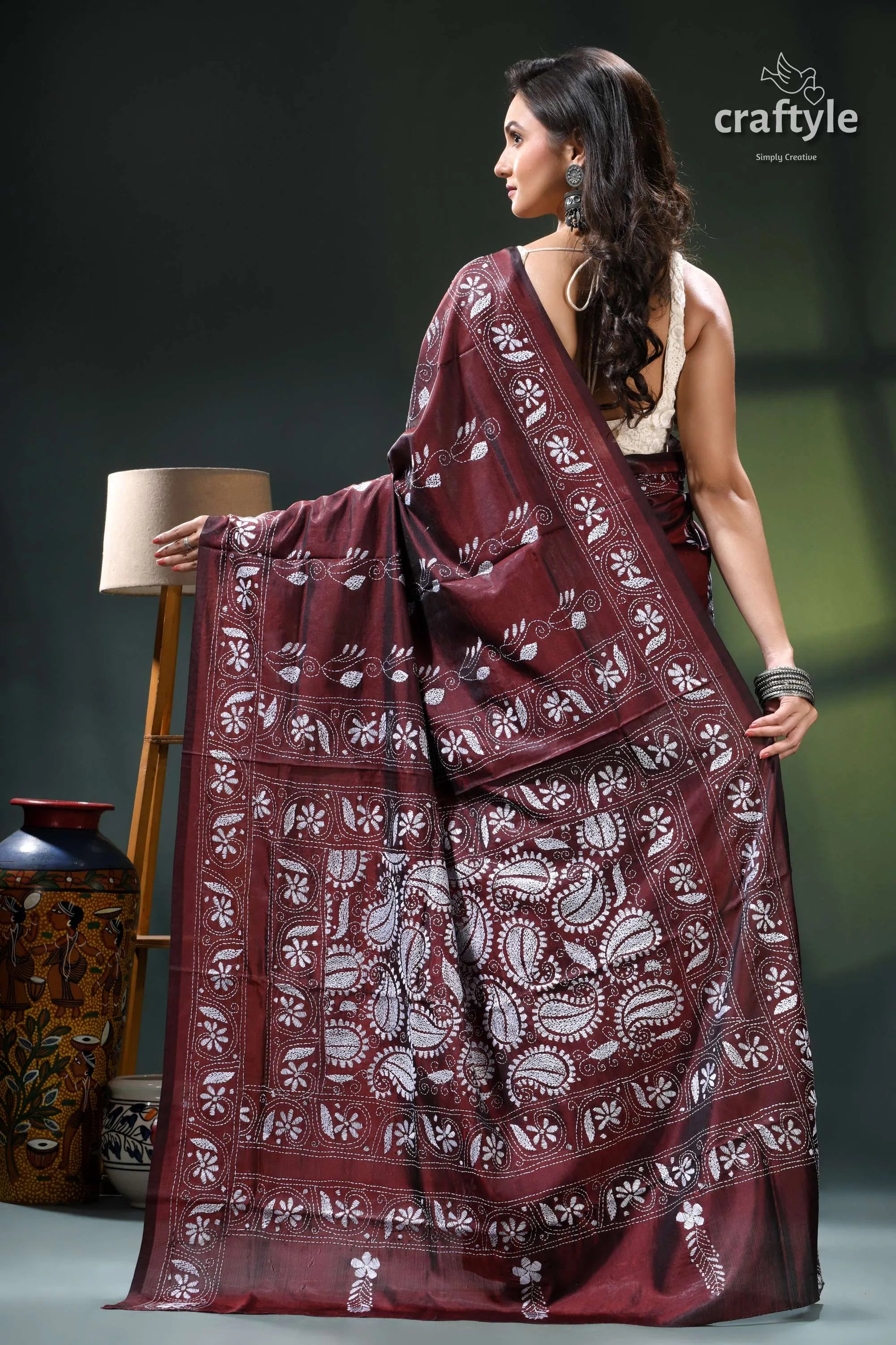 Persian plum hand embroidered silk kantha work saree maroon saree white floral leaf 5