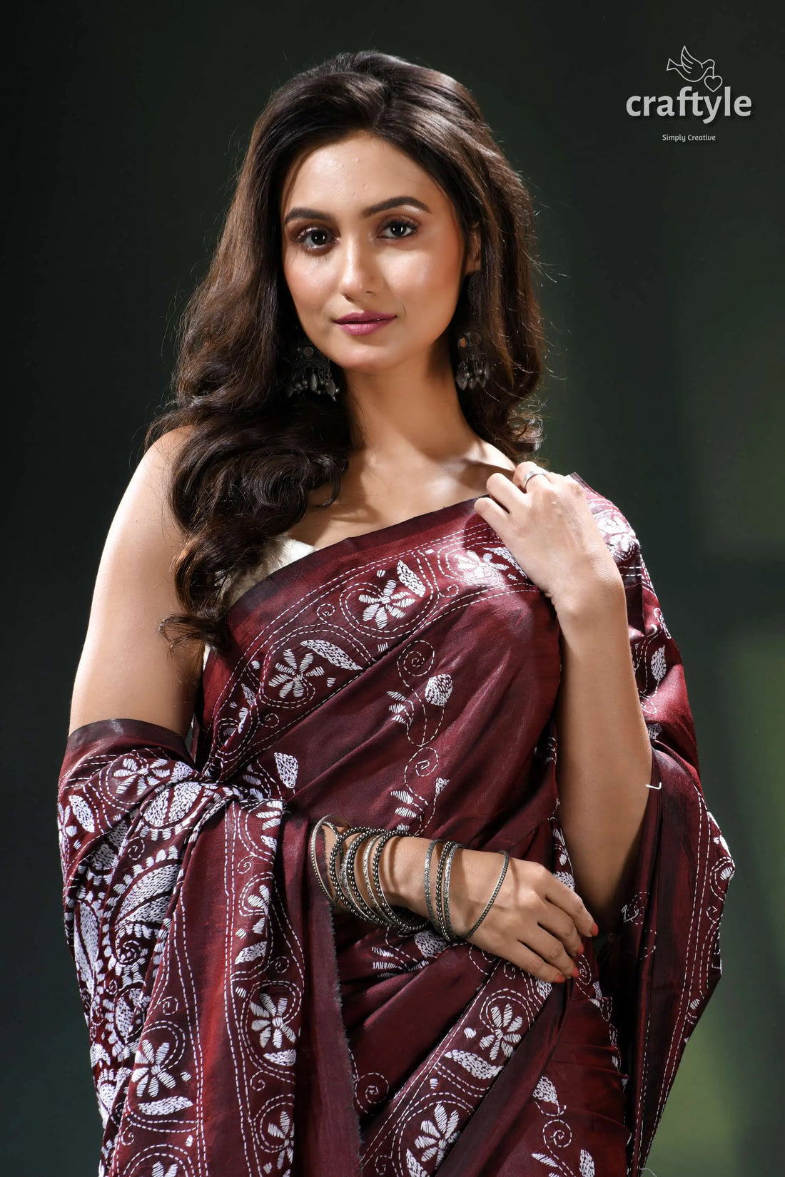 Persian plum hand embroidered silk kantha work saree maroon floral saree silver accents 2