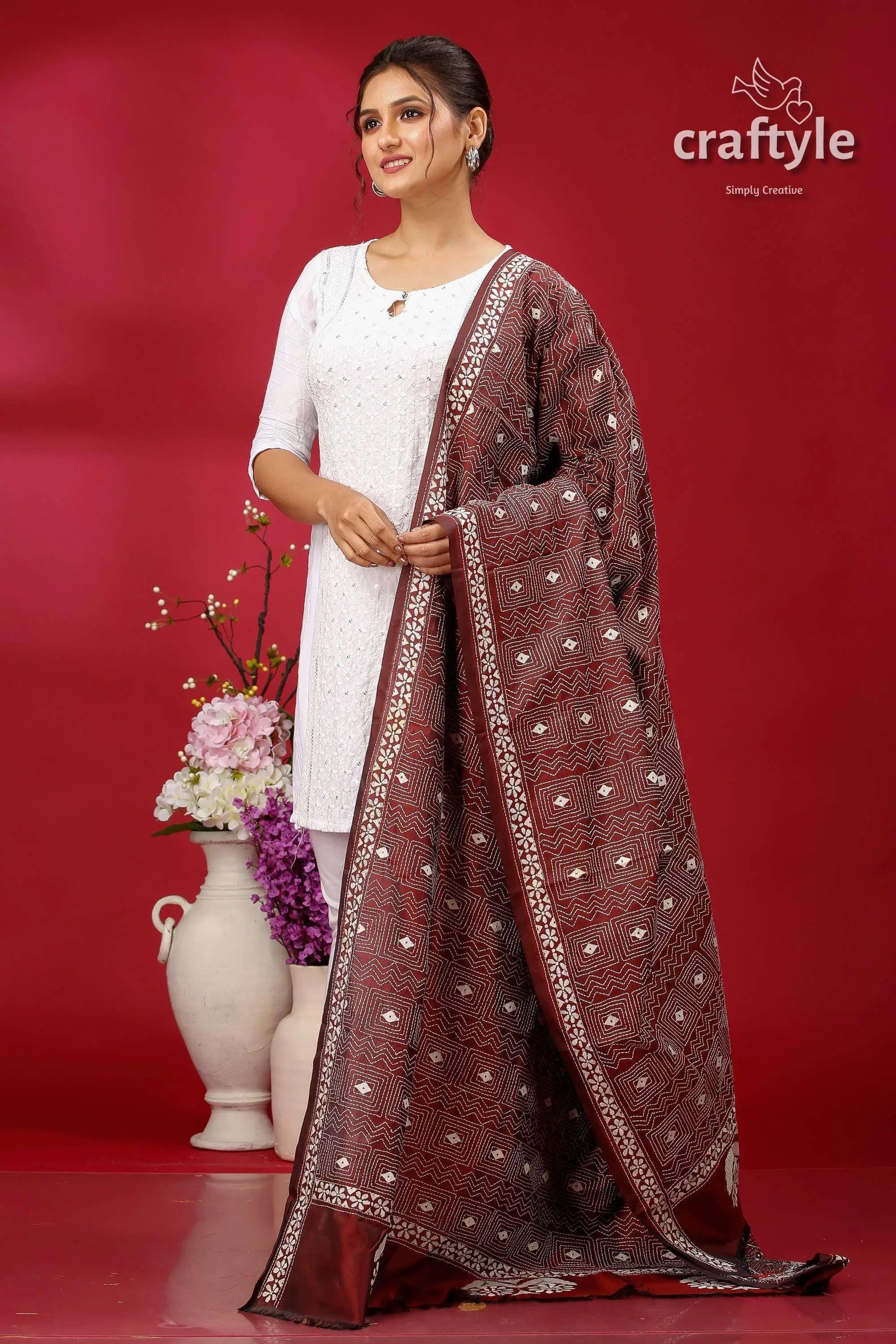 Persian plum & white kantha embroidery silk dupatta maroon white embroidered dupatta intricate 2