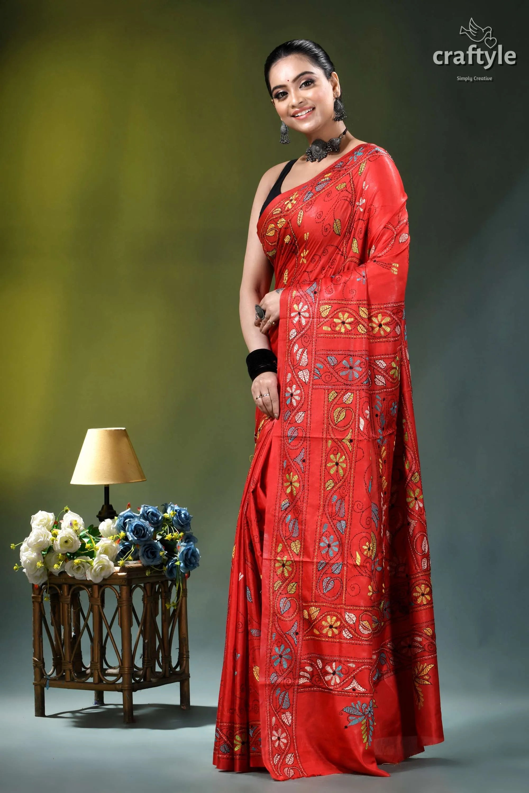 Persian red multi-thread baul motif handcrafted kantha silk saree vibrant red saree adorned intricate 3