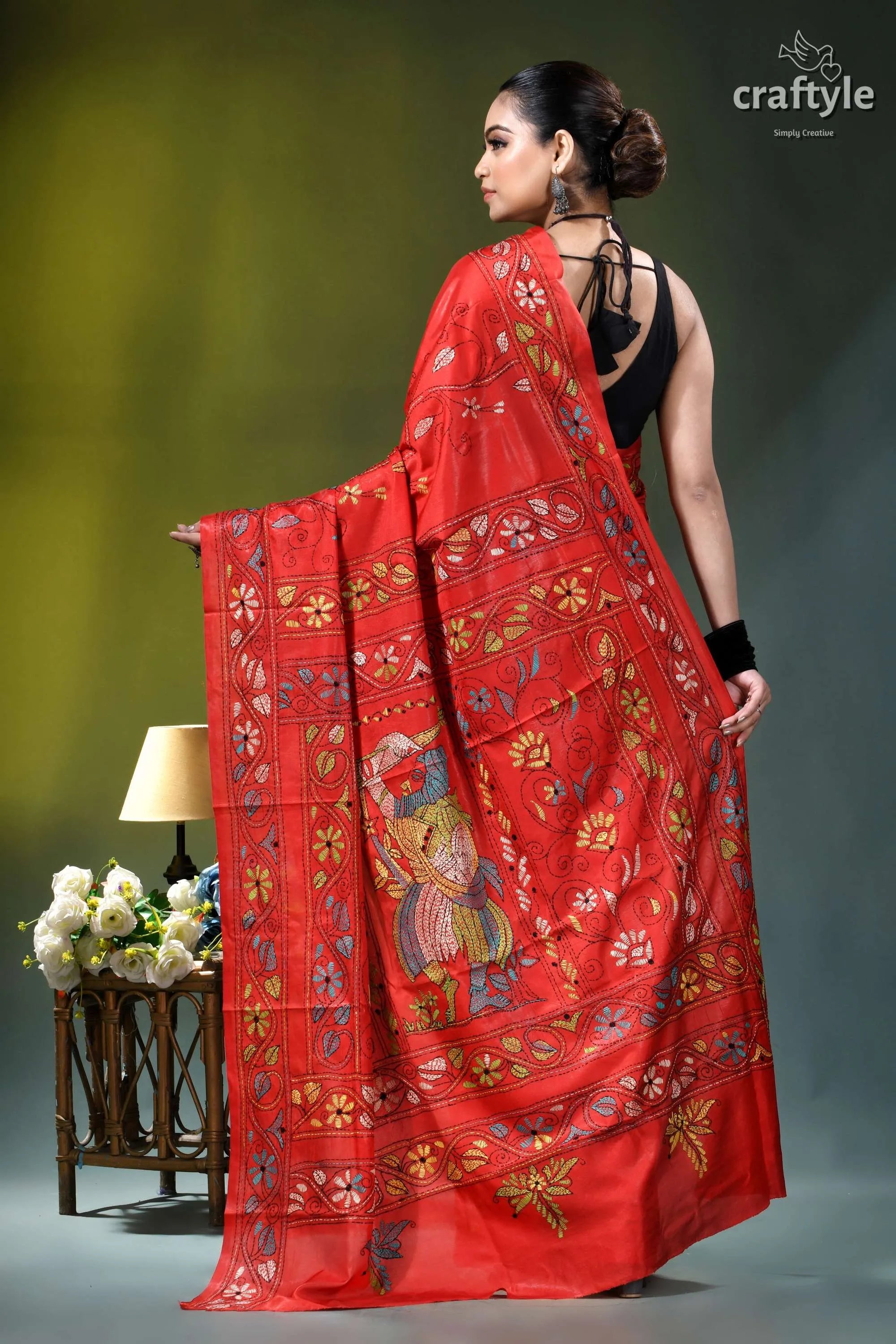 Persian red multi-thread baul motif handcrafted kantha silk saree vibrant red silk saree adorned 5