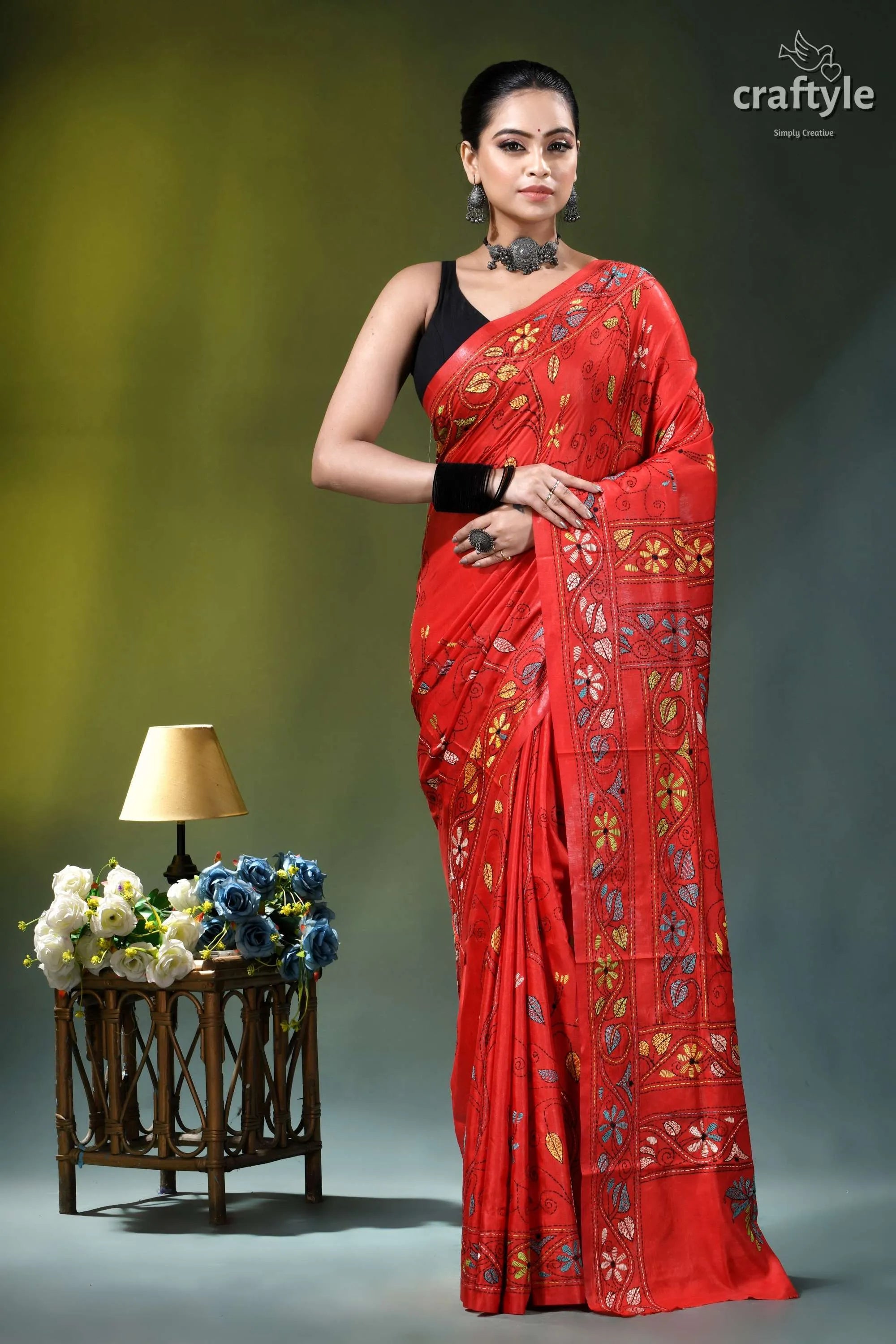 Persian red multi-thread baul motif handcrafted kantha silk saree vibrant red silk saree intricate 1