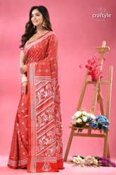 Persian red white thread work exquisite kantha silk saree woman red white printed saree 3