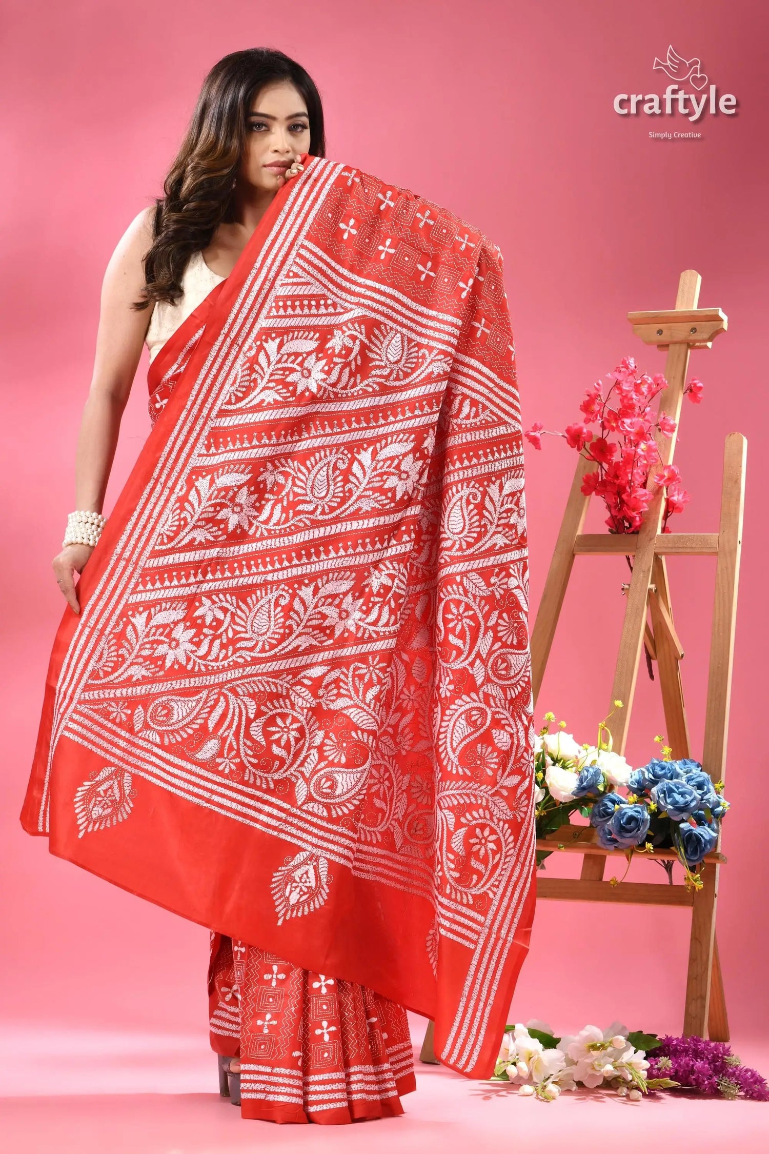 Persian red white thread work exquisite kantha silk saree red cotton saree white floral 4