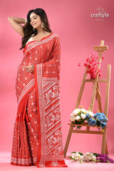 Persian red white thread work exquisite kantha silk saree red cotton saree white embroidered 6
