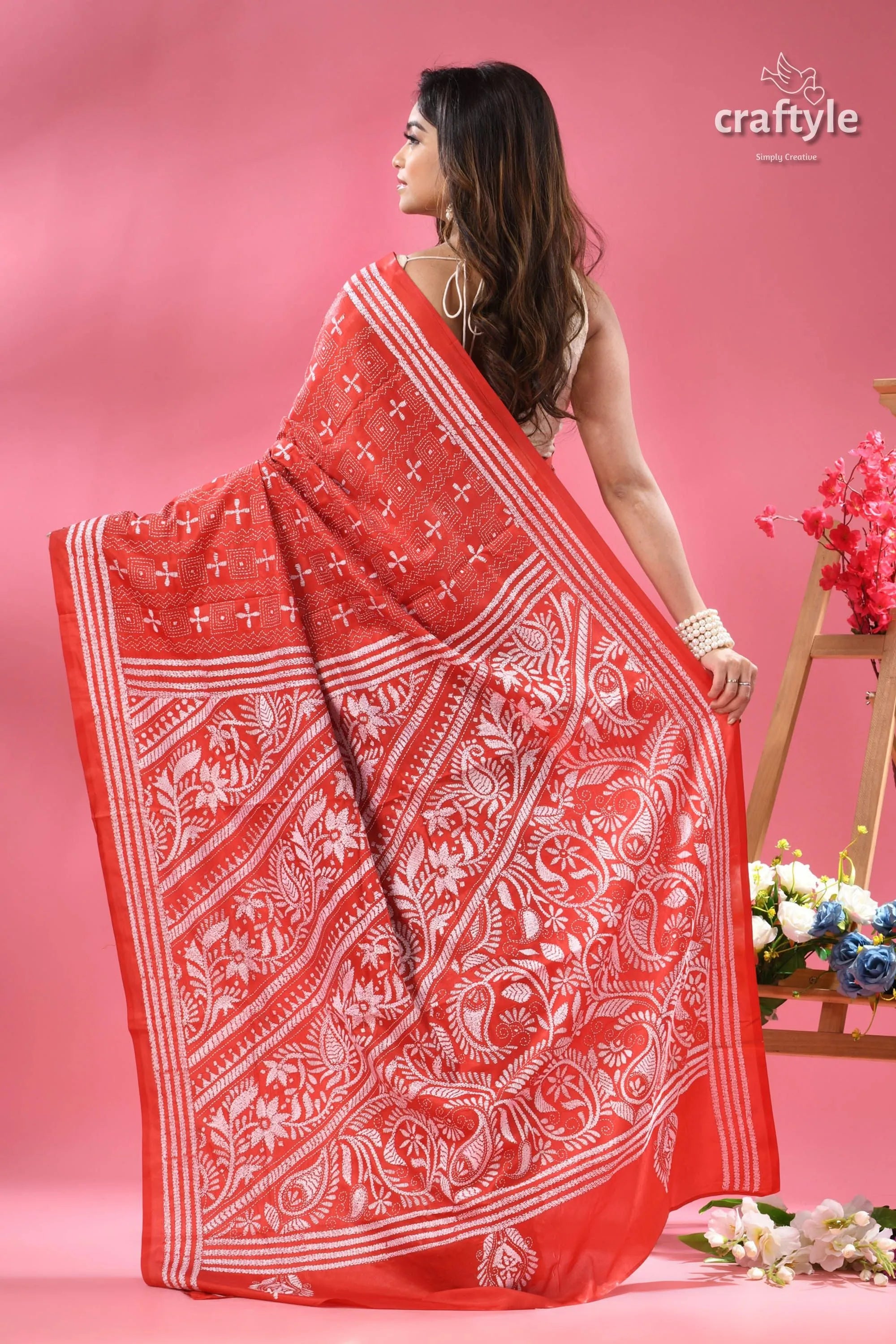 Persian red white thread work exquisite kantha silk saree red saree white floral paisley 5