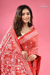Persian red white thread work exquisite kantha silk saree red white patterned cotton saree 2