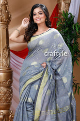 Pewter grey handloom cotton saree gray saree gold accents 2