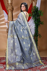 Pewter grey handloom cotton saree gray silk saree floral motifs 4