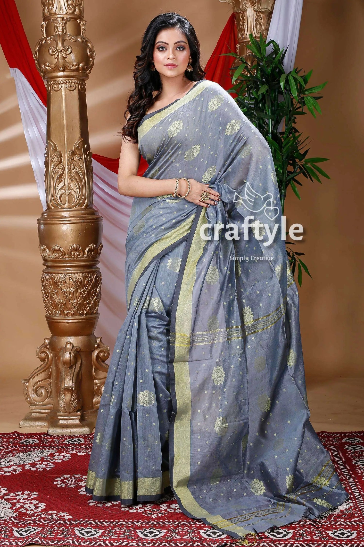Pewter grey handloom cotton saree gray saree gold accents 1