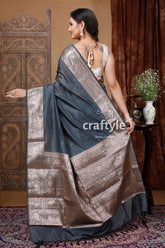 Pewter grey soft manipuri silk saree with zari work - ethnic wear gray silk saree ornate border 4