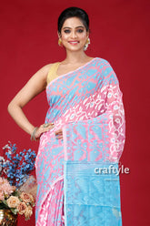 Picton blue and pink all-over work dhakai jamdani saree pink blue patterned saree 2