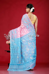 Picton blue and pink all-over work dhakai jamdani saree pink blue patterned saree 5