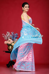 Picton blue and pink all-over work dhakai jamdani saree woman pink blue saree 4