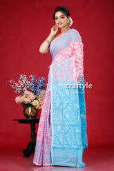 Picton blue and pink all-over work dhakai jamdani saree pink blue patterned saree 3