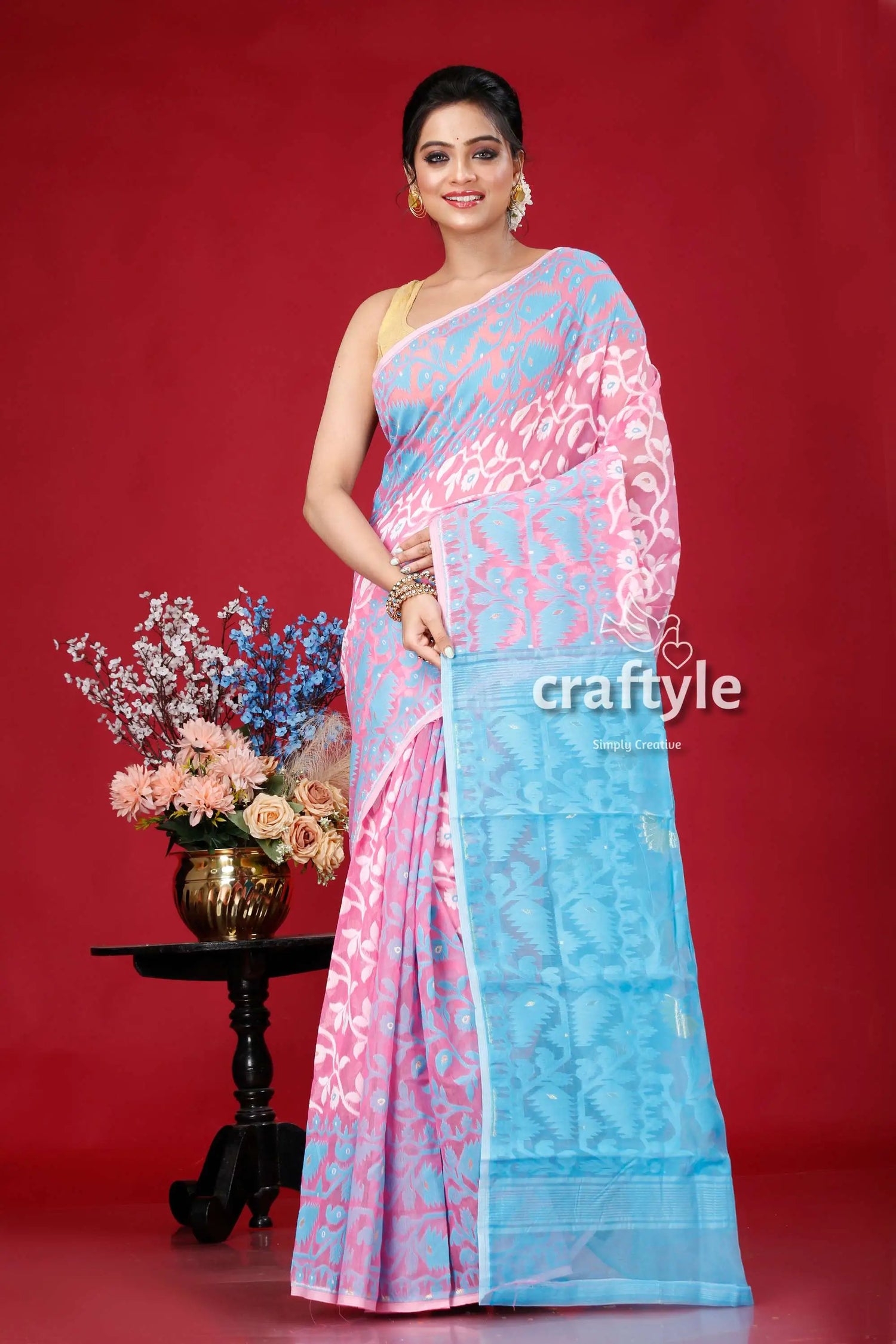 Picton blue and pink all-over work dhakai jamdani saree pink blue floral saree 1