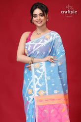 Picton blue bengal jamdani sari light blue cotton saree pink 2