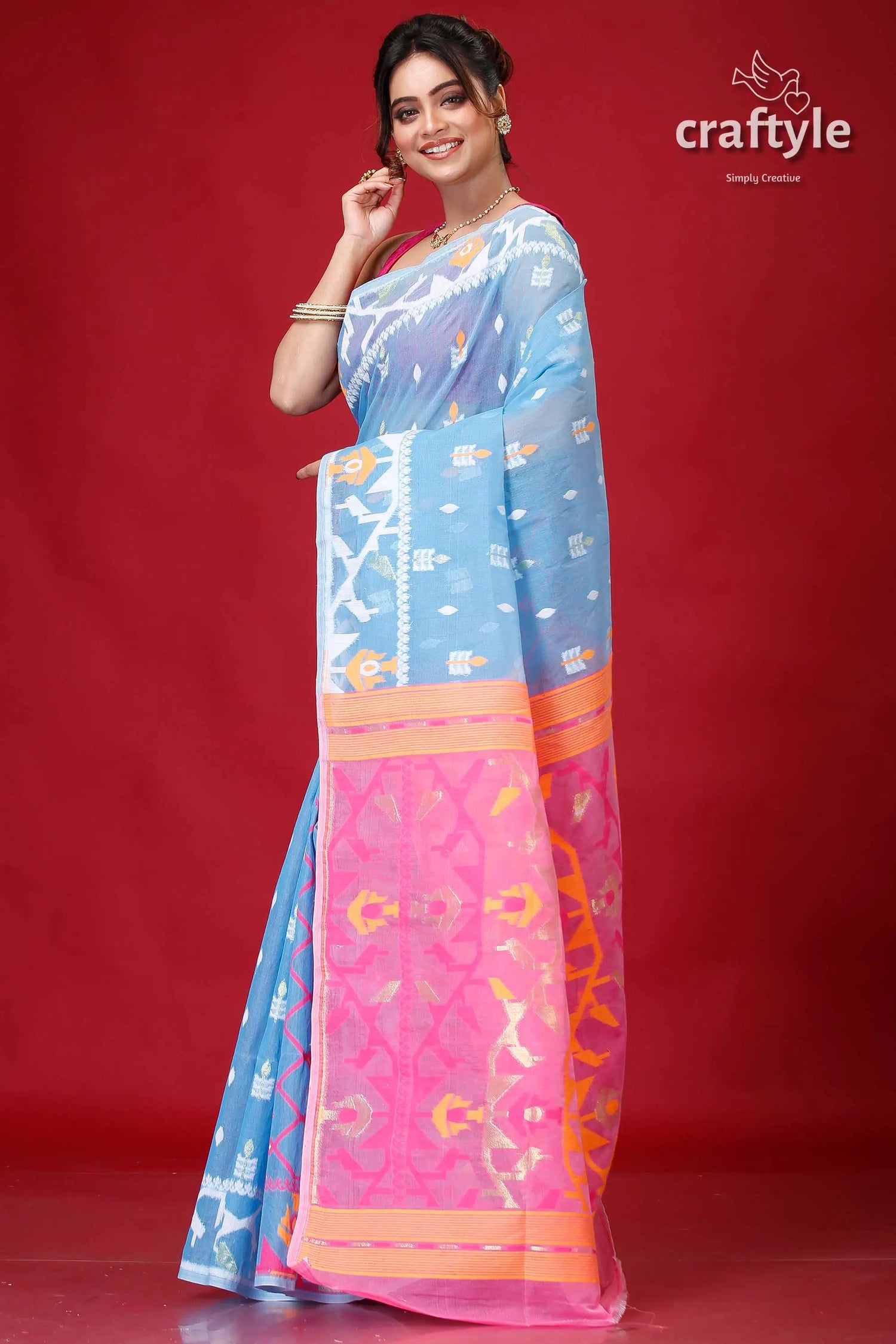 Picton blue bengal jamdani sari blue pink patterned saree 3