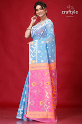 Picton blue bengal jamdani sari blue pink patterned saree 3
