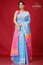 Picton blue bengal jamdani sari woman blue pink sari 4