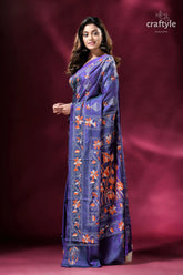 Pigment blue lotus pattern kantha stitch silk sari woman blue floral saree 3