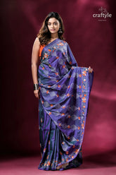 Pigment blue lotus pattern kantha stitch silk sari elegant blue embroidered saree 4