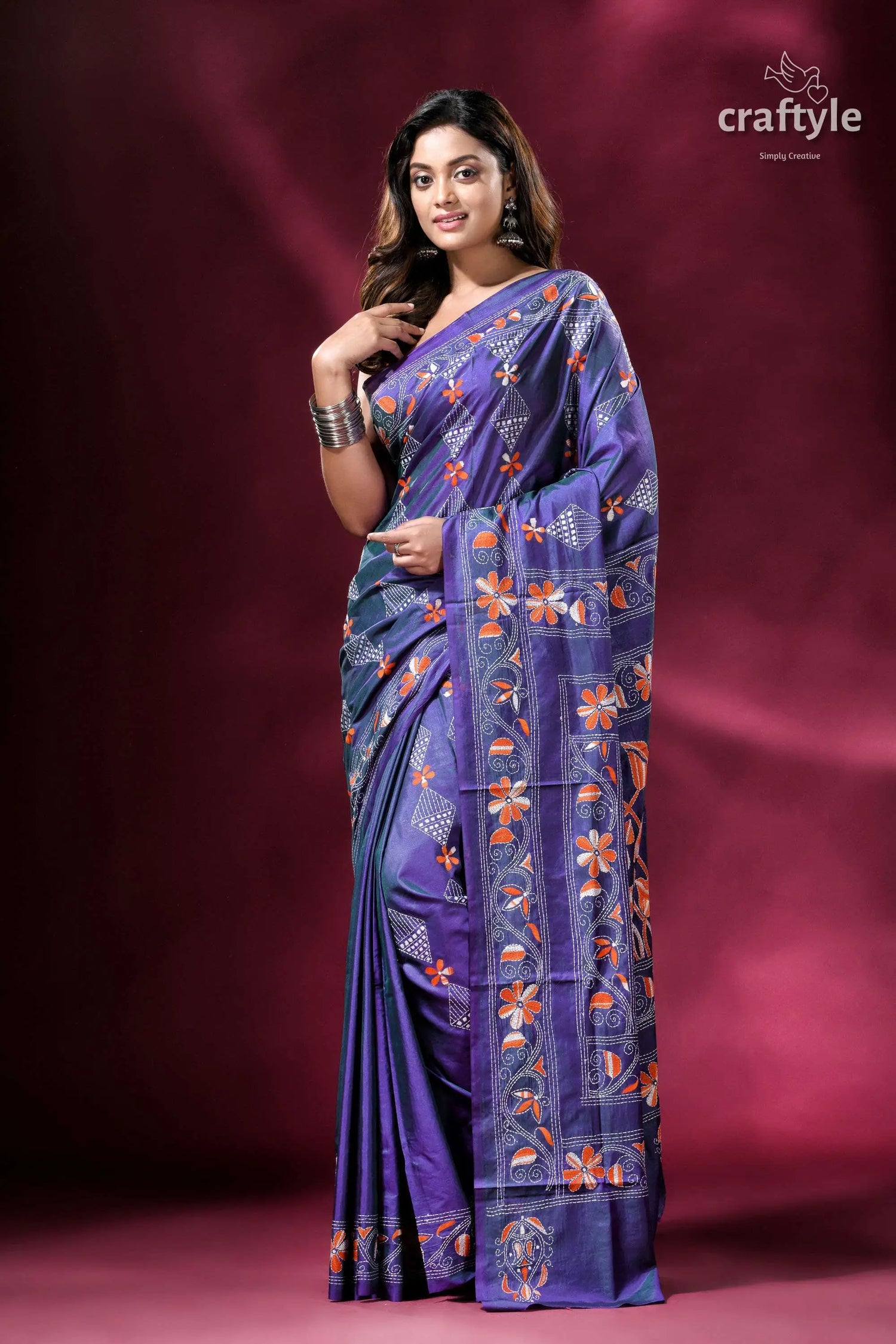Pigment blue lotus pattern kantha stitch silk sari elegant blue floral saree 1