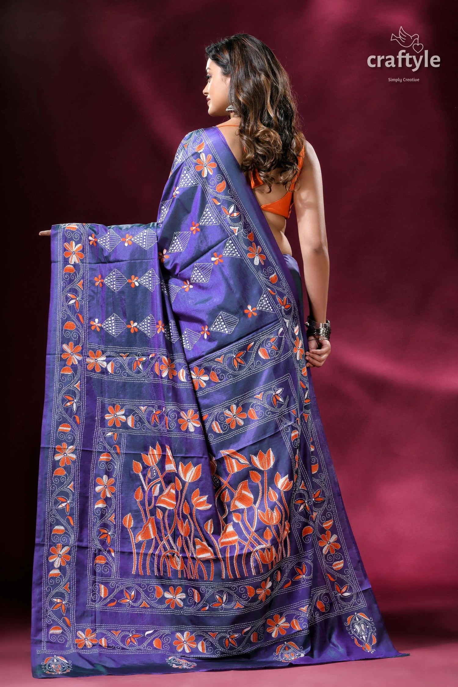 Pigment blue lotus pattern kantha stitch silk sari purple saree floral embroidery 5