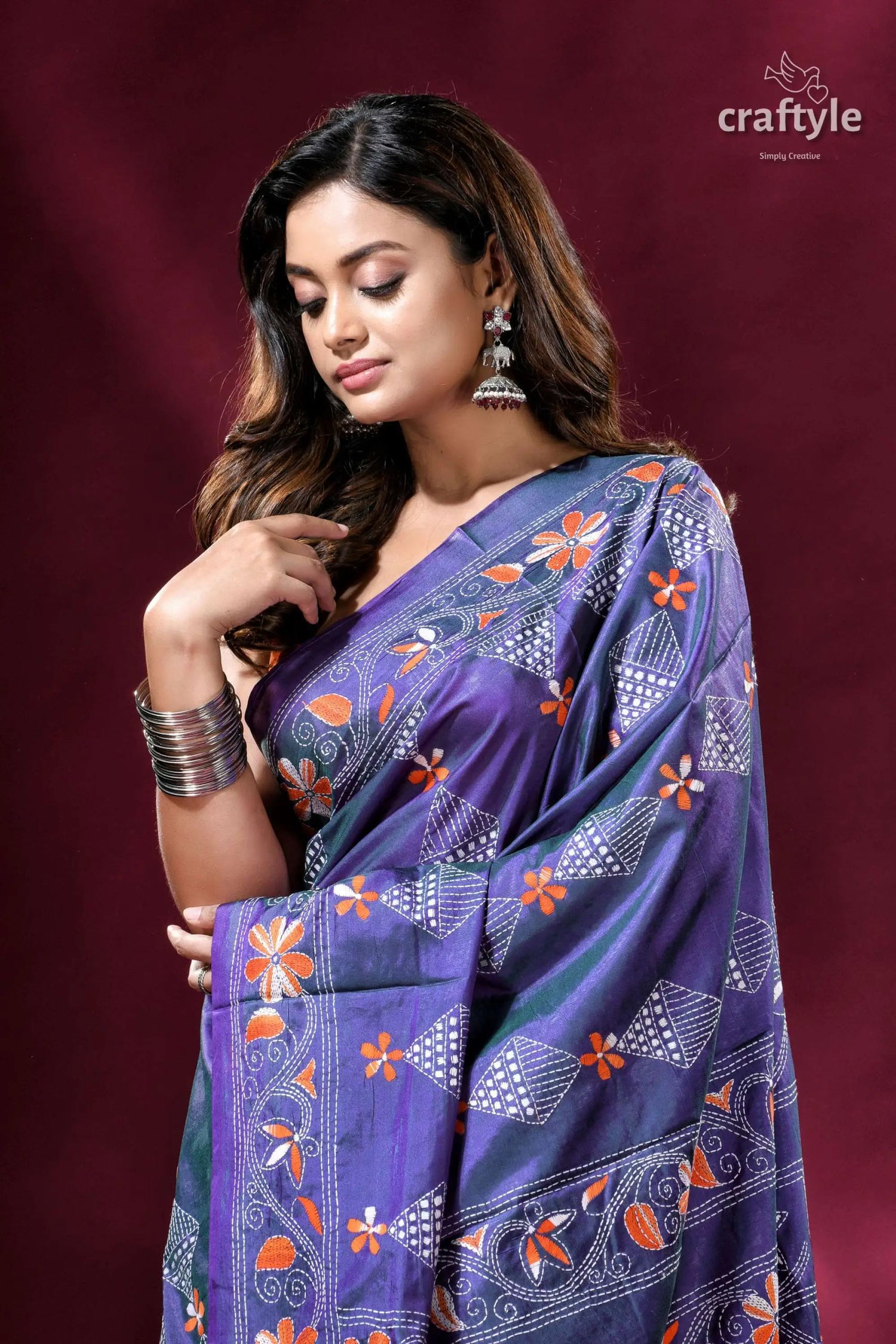 Pigment blue lotus pattern kantha stitch silk sari blue floral embroidered saree 2