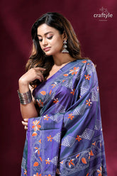 Pigment blue lotus pattern kantha stitch silk sari blue floral embroidered saree 2