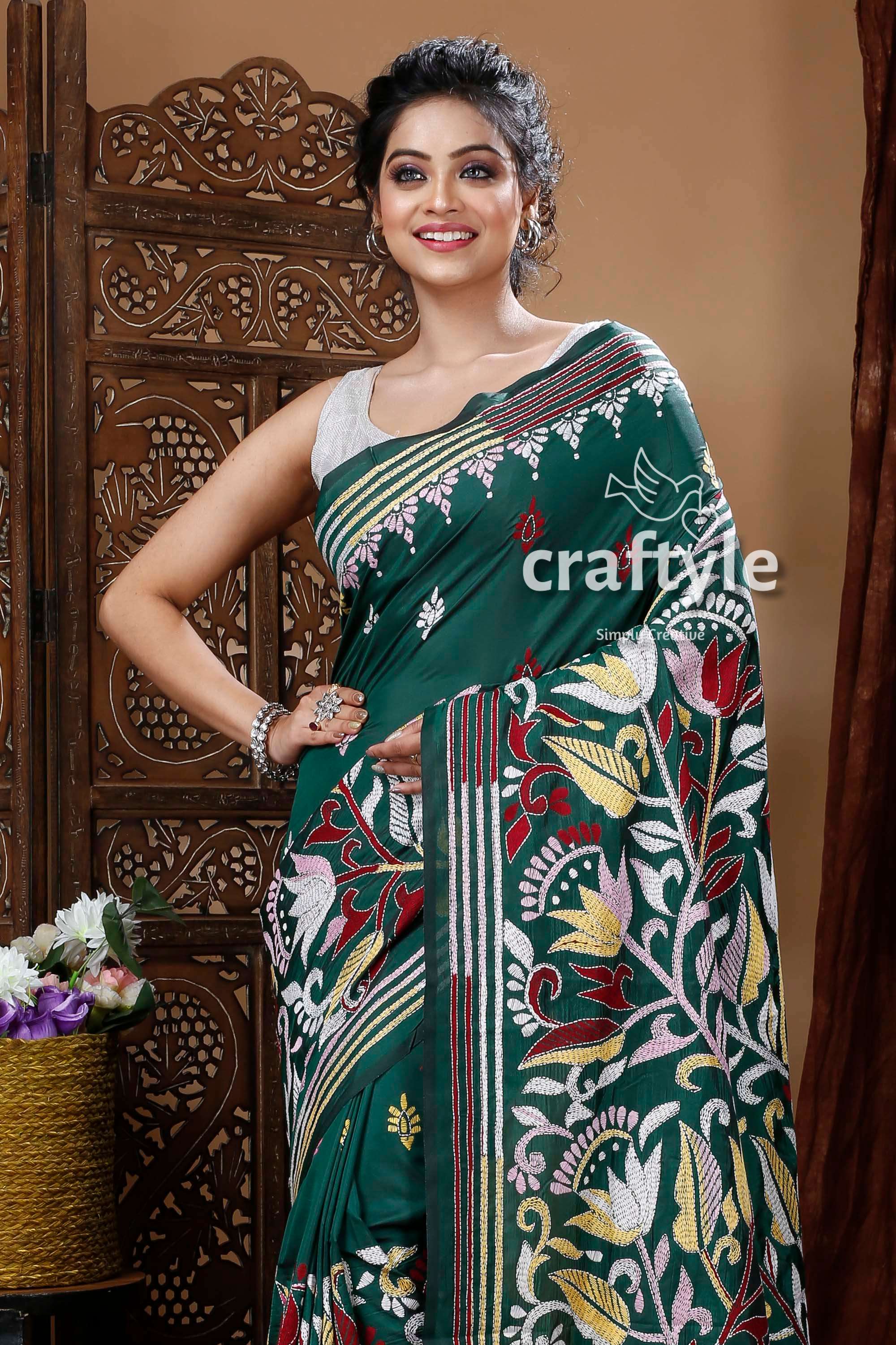 Pine Green Floral Motif Silk Kantha Saree-Craftyle
