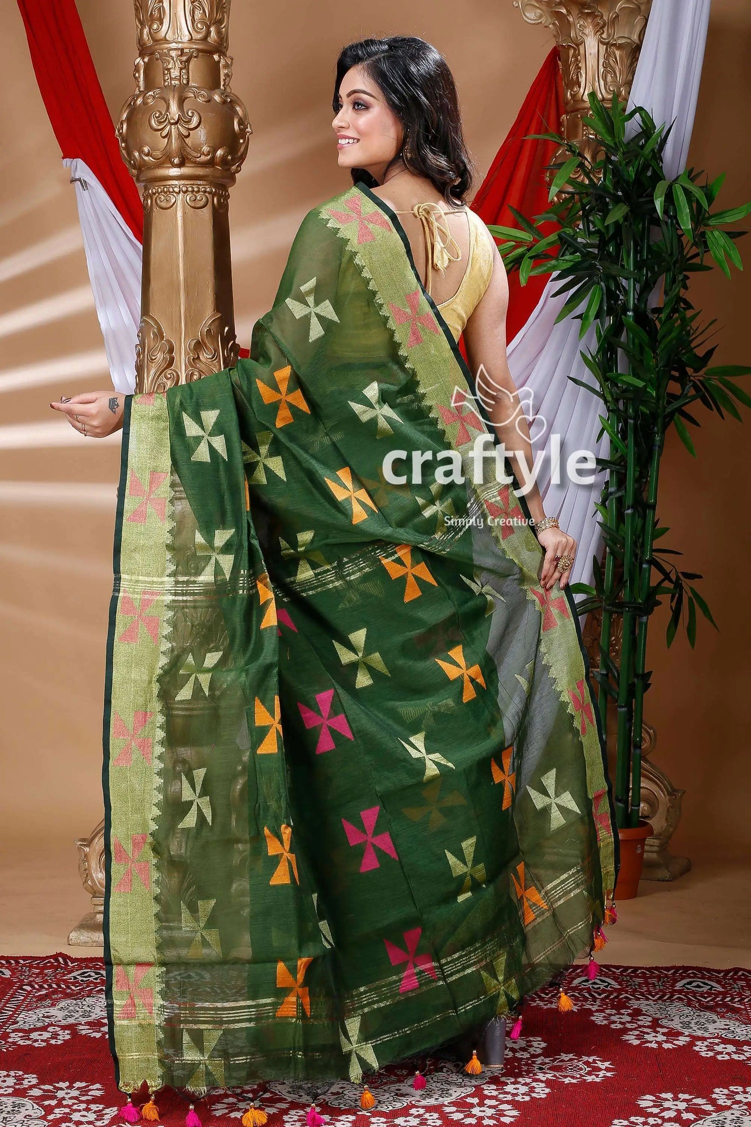 Pine green handloom cotton saree green cotton saree colorful cross 4