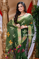 Pine green handloom cotton saree green patterned sari 2