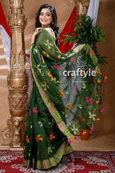 Pine green handloom cotton saree green patterned saree tassels 3