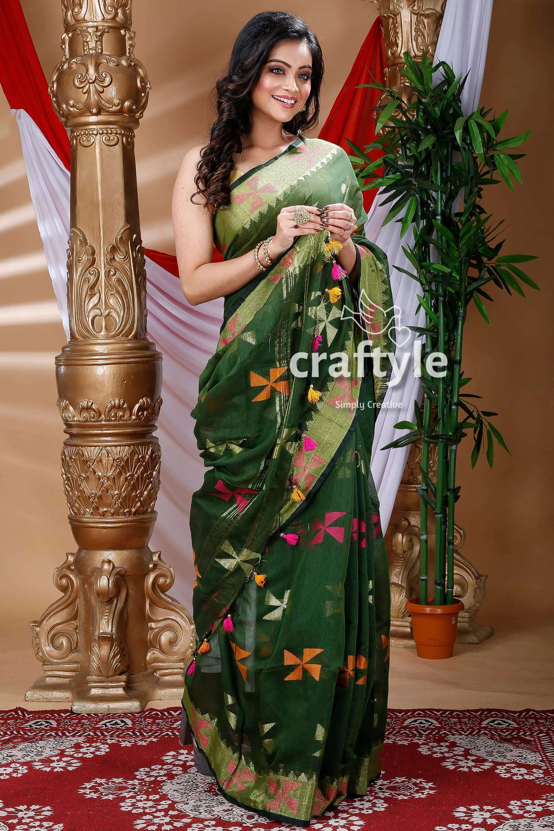 Pine green handloom cotton saree colorful geometric patterns 1