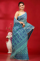 Pine green intricate jamdani saree for women blue patterned sari 4