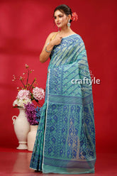 Pine green intricate jamdani saree for women blue green patterned saree 3