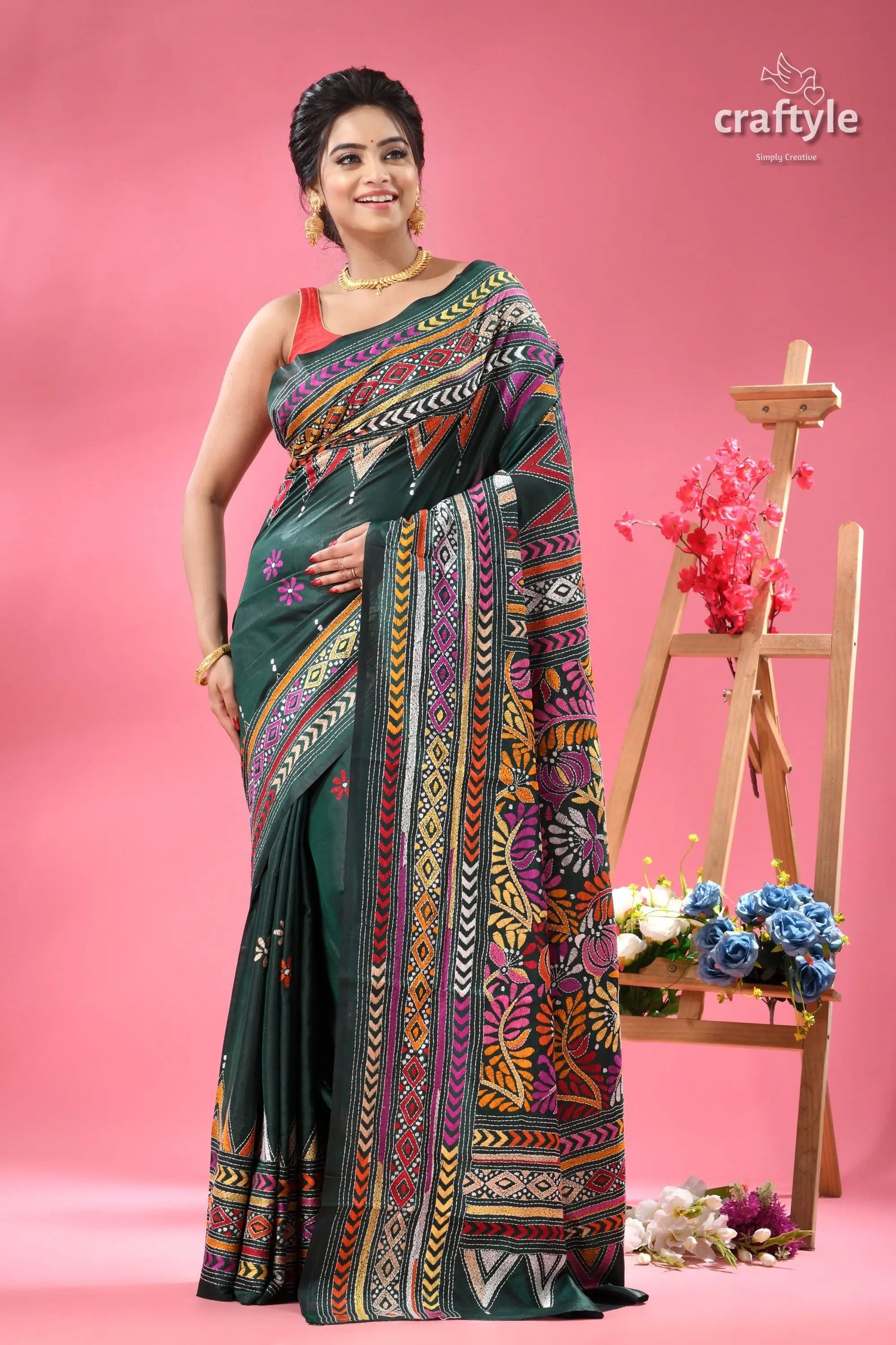 Pine green multi thread floral silk kantha saree dark green saree vibrant intricate 6