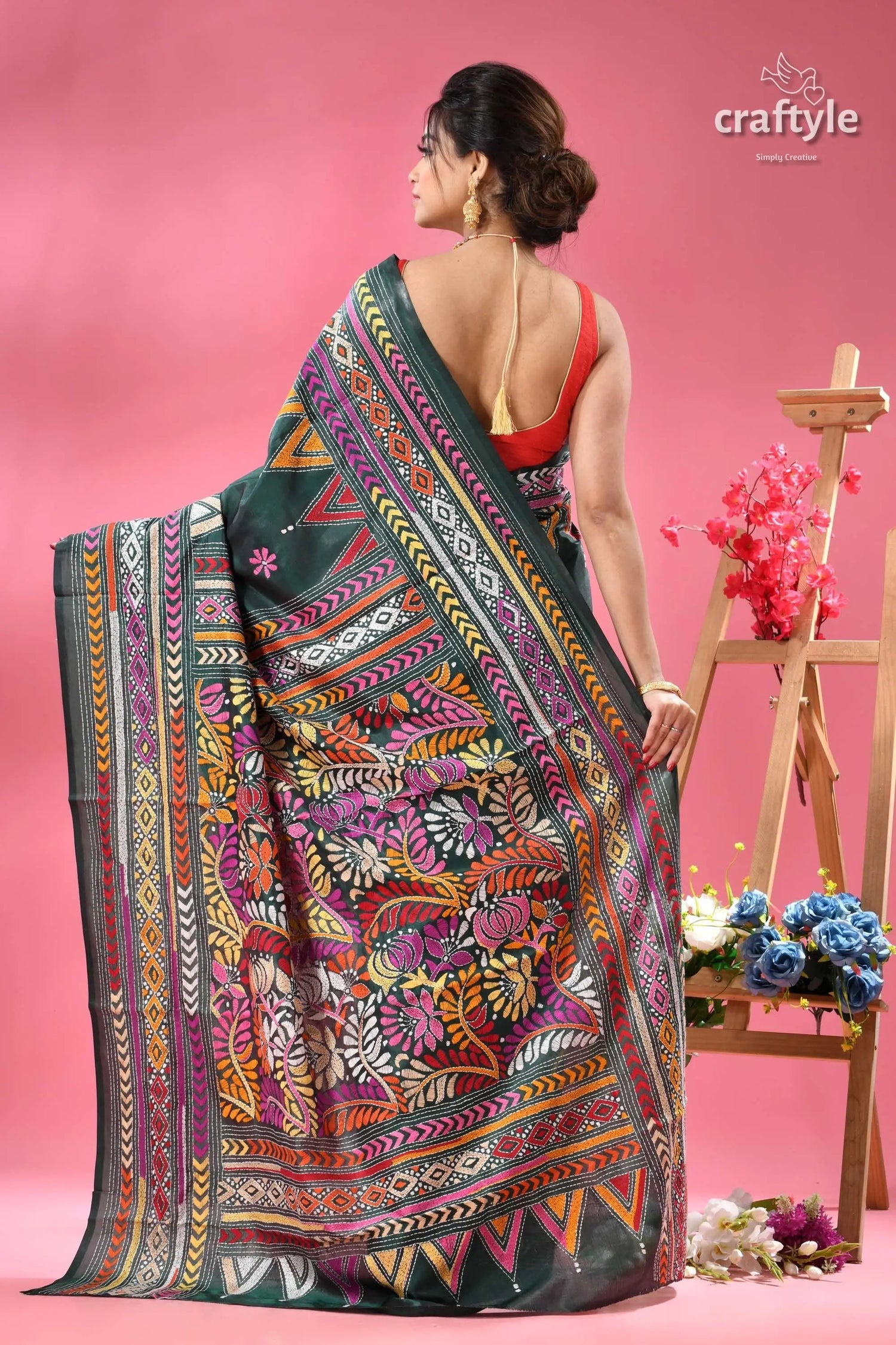 Pine green multi thread floral silk kantha saree dark green saree vibrant floral 4