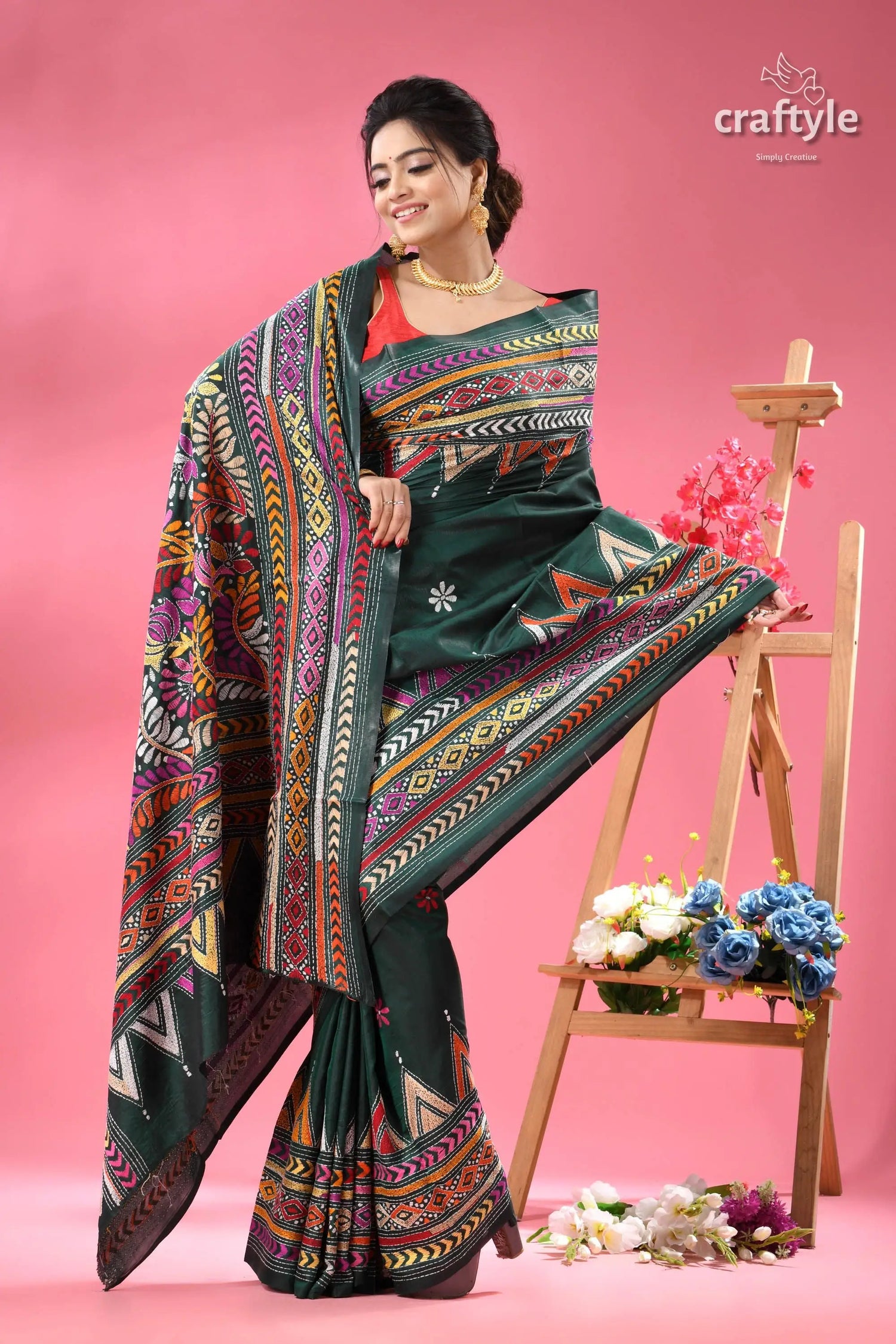 Pine green multi thread floral silk kantha saree dark green sari colorful tribal 5