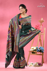 Pine green multi thread floral silk kantha saree dark green sari colorful tribal 5
