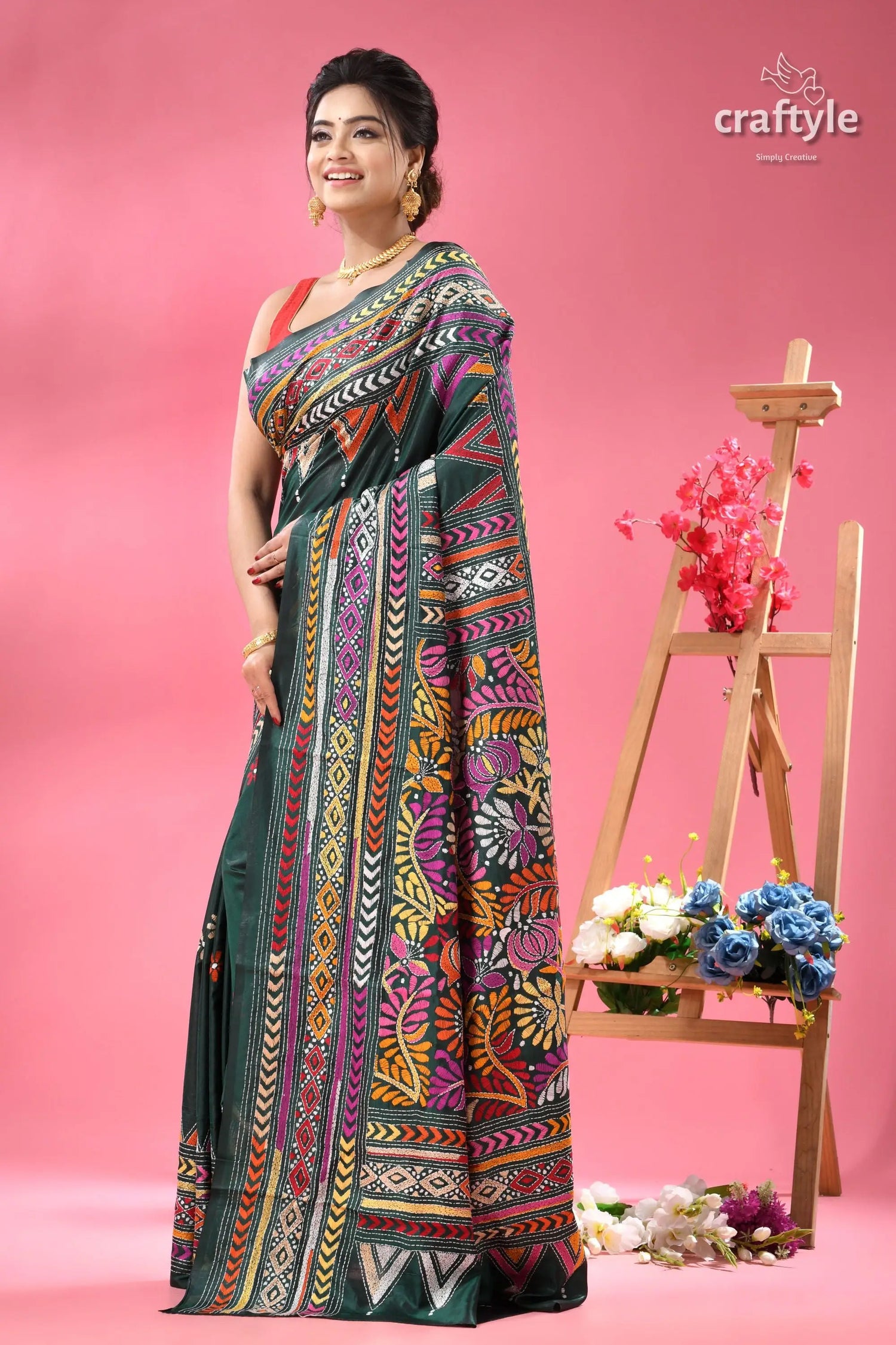 Pine green multi thread floral silk kantha saree woman dark green printed saree 3