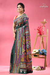 Pine green multi thread floral silk kantha saree woman dark green printed saree 3