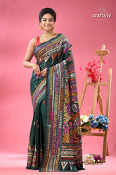 Pine green multi thread floral silk kantha saree dark green saree colorful embroidered 1